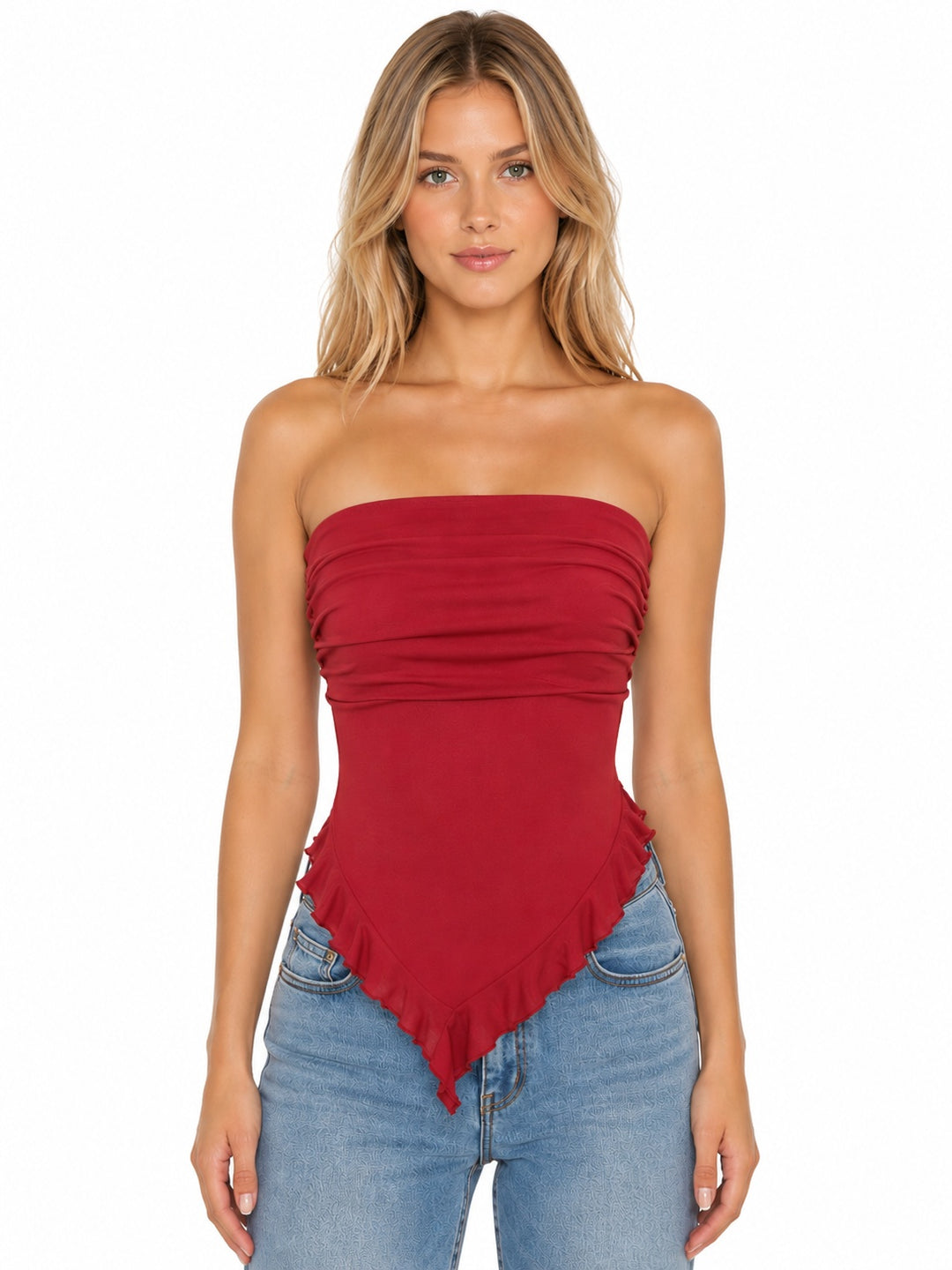 Ruched Ruffle Tube Top