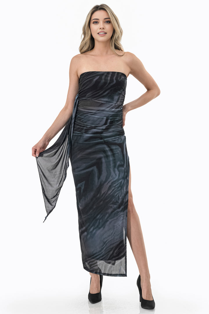 Abstract Print Ruched Maxi Dress