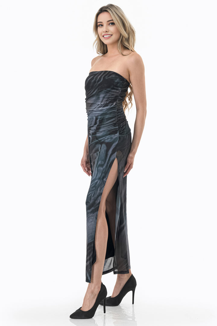 Abstract Print Ruched Maxi Dress
