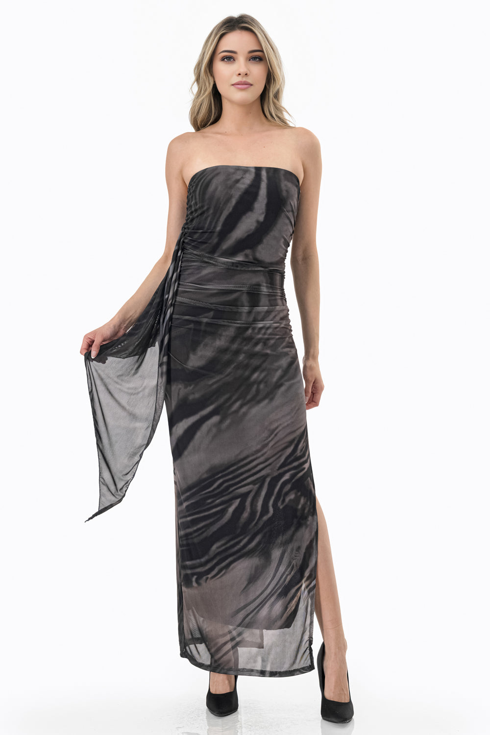 Abstract Print Ruched Maxi Dress