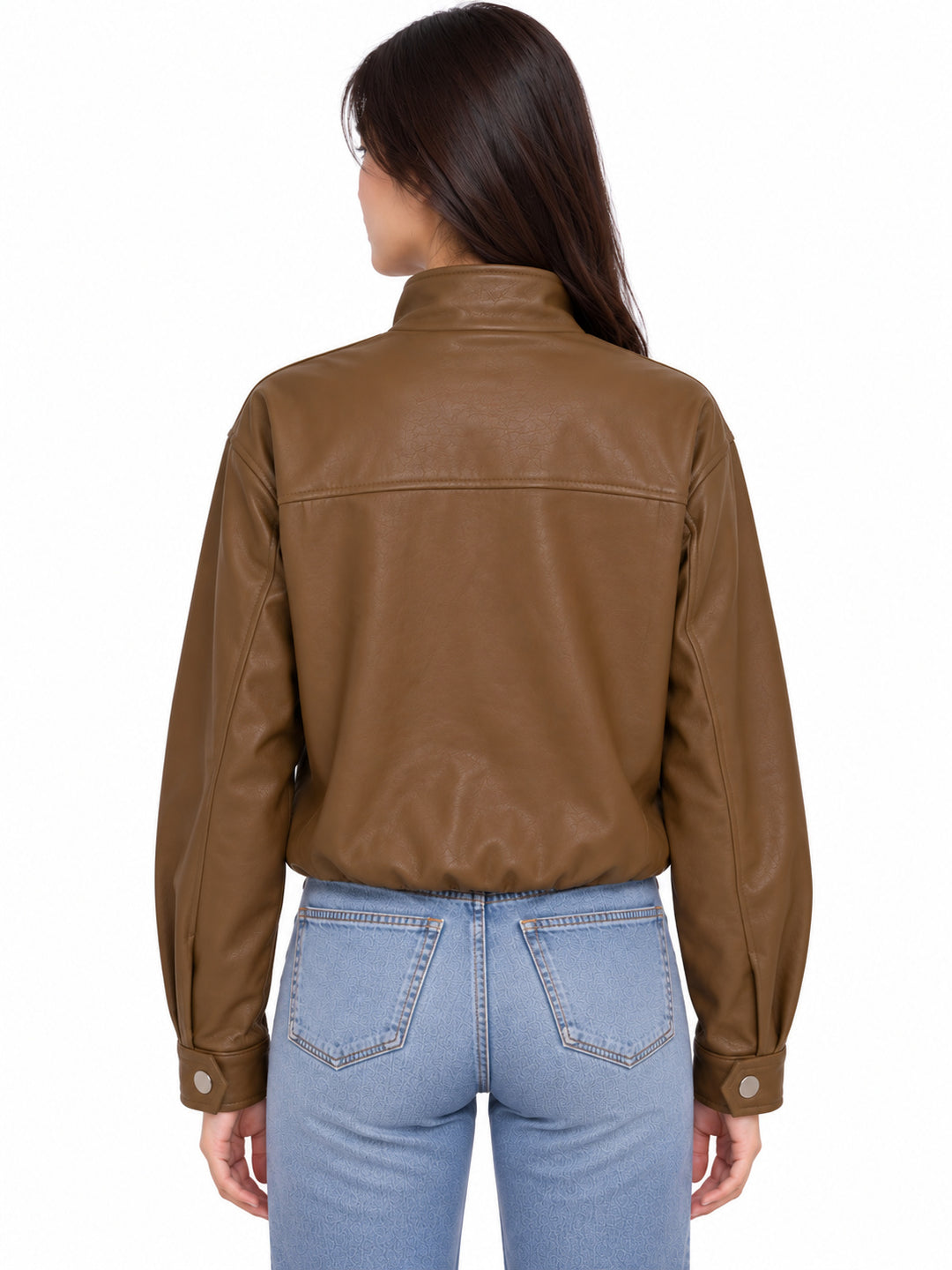Stand Collar Faux Leather Zip Front Jacket