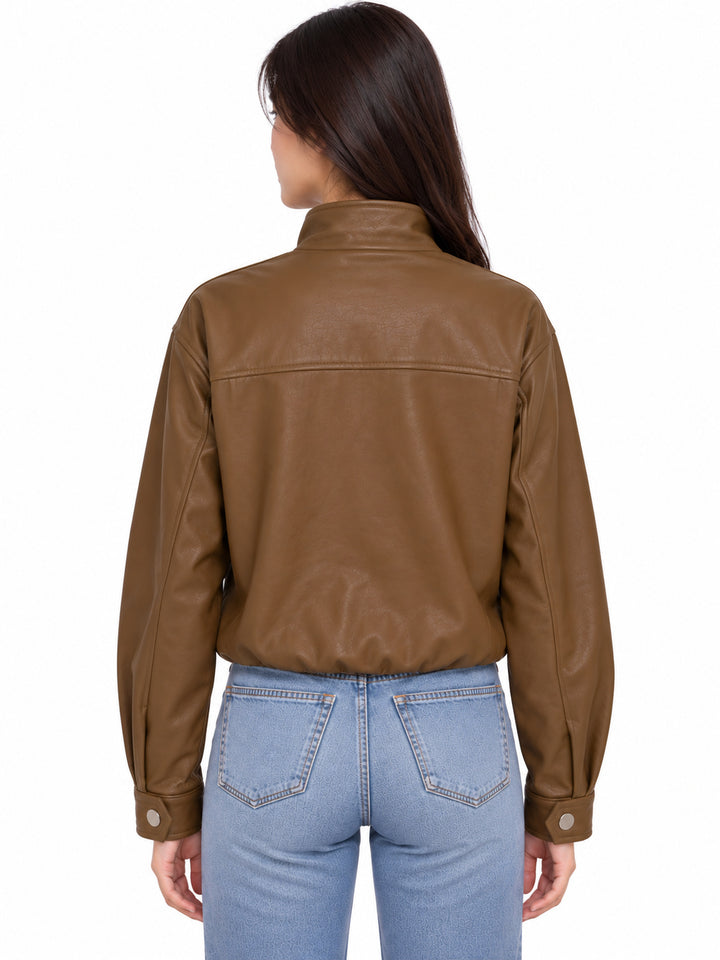 Stand Collar Faux Leather Zip Front Jacket