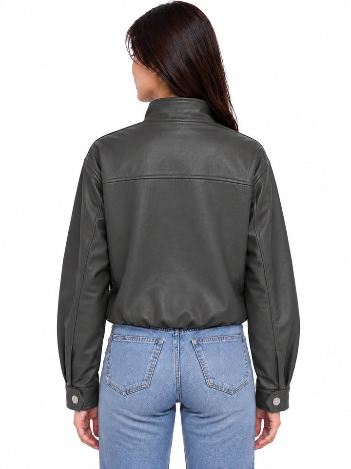 Stand Collar Faux Leather Zip Front Jacket