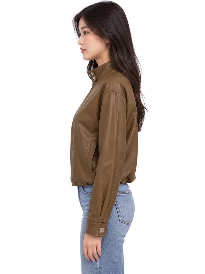 Stand Collar Faux Leather Zip Front Jacket