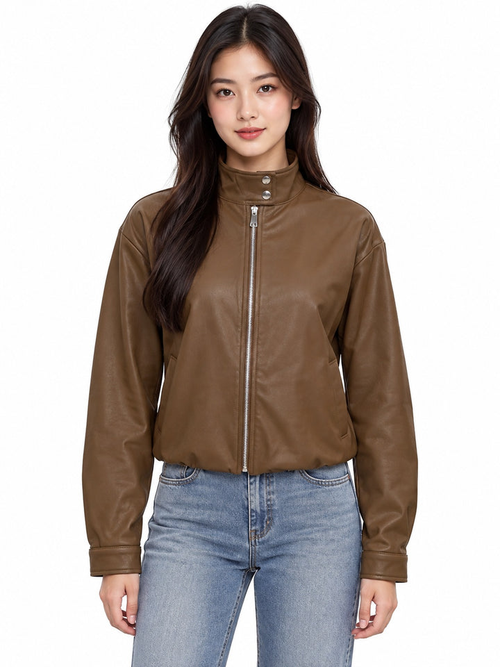 Stand Collar Faux Leather Zip Front Jacket