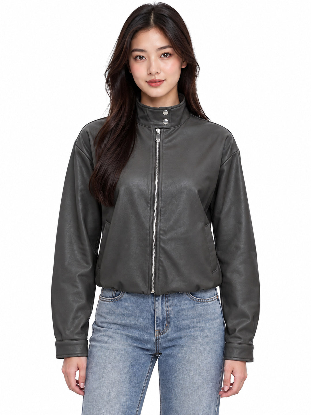 Stand Collar Faux Leather Zip Front Jacket