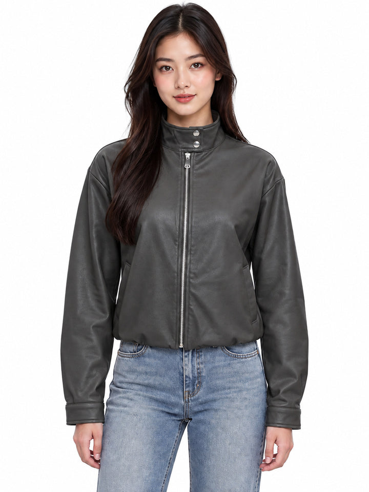 Stand Collar Faux Leather Zip Front Jacket