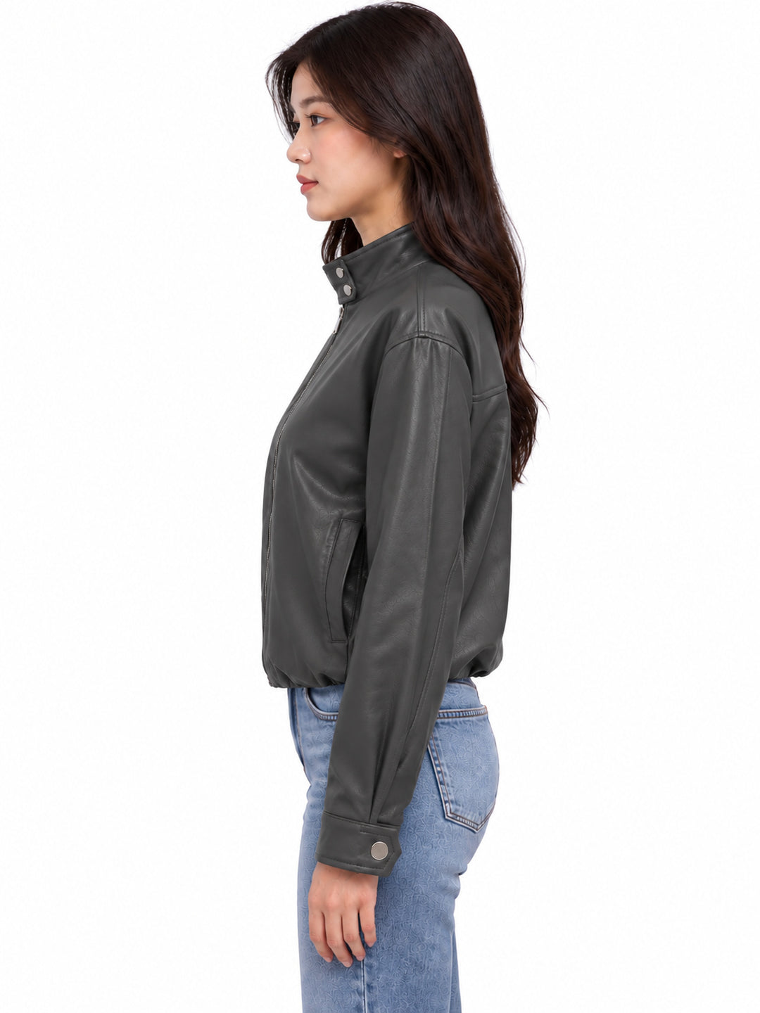 Stand Collar Faux Leather Zip Front Jacket