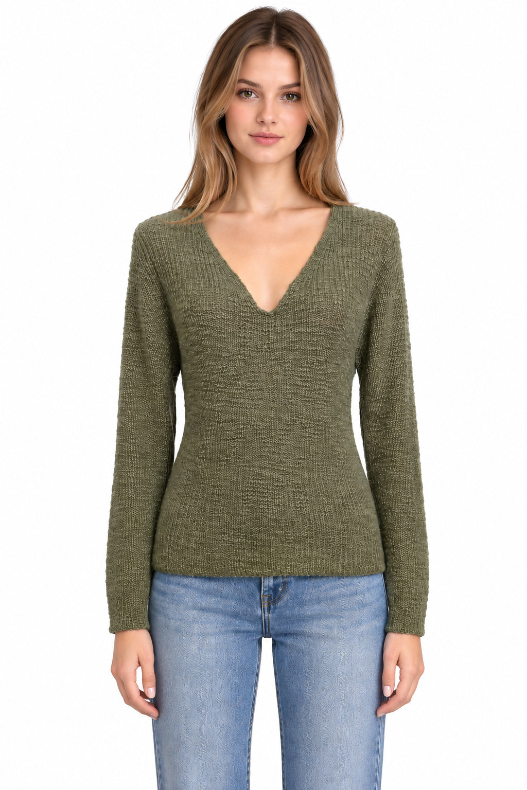 Textured V-Neck Long Sleeve Sweater