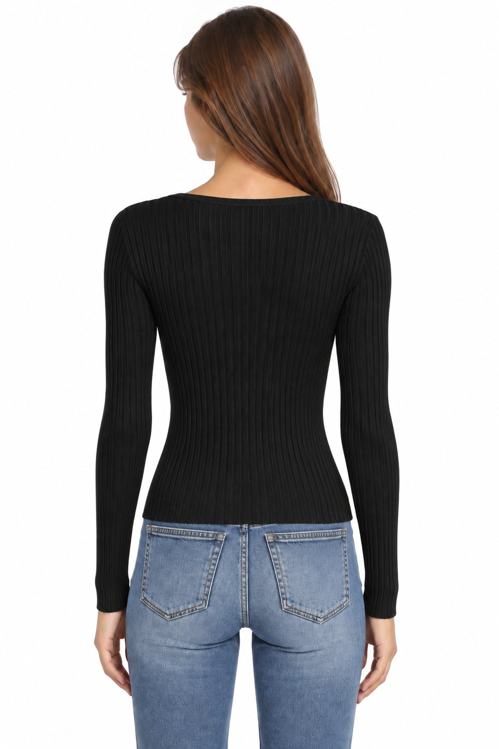 Ribbed V-Neck Long Sleeve Sweater