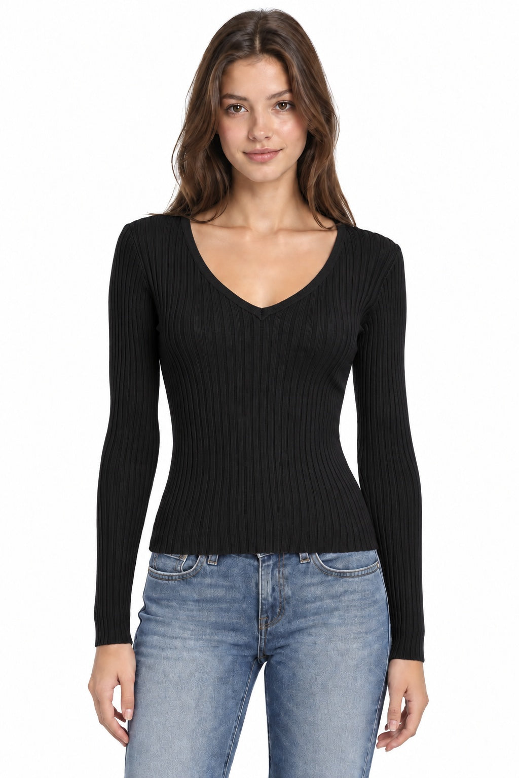Ribbed V-Neck Long Sleeve Sweater