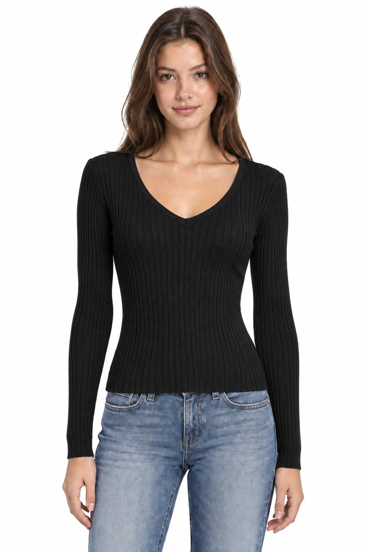 Ribbed V-Neck Long Sleeve Sweater