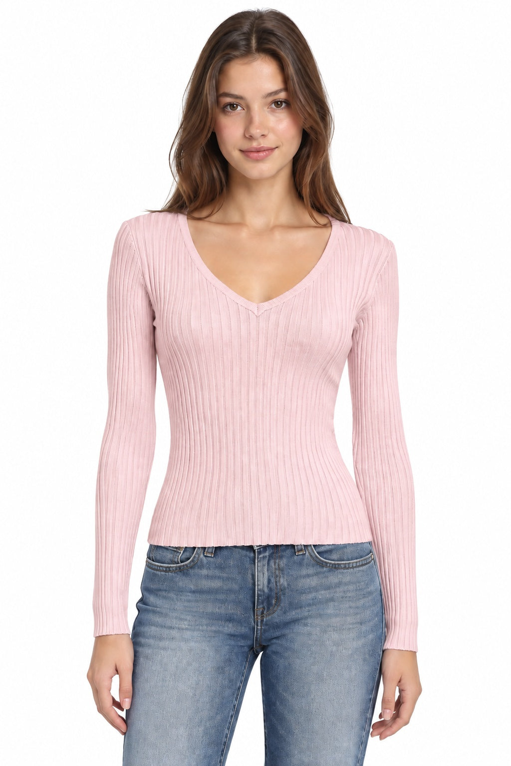 Ribbed V-Neck Long Sleeve Sweater