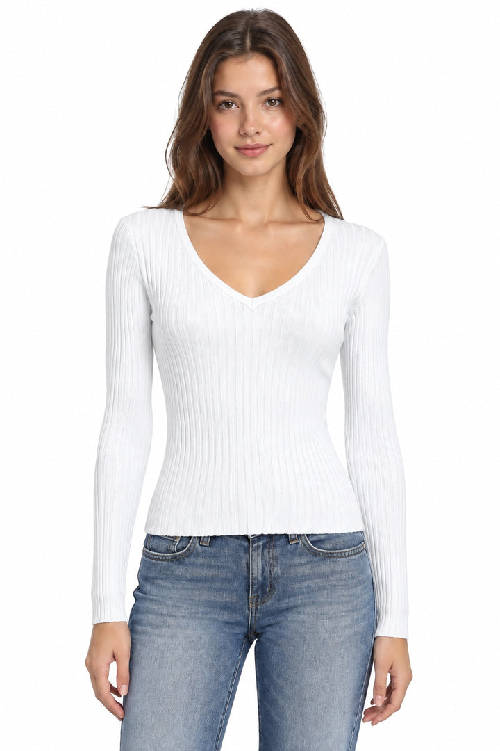 Ribbed V-Neck Long Sleeve Sweater