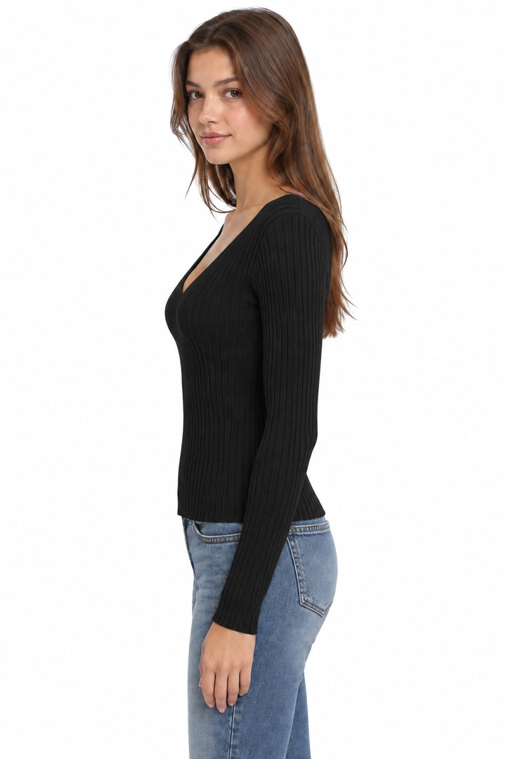 Ribbed V-Neck Long Sleeve Sweater