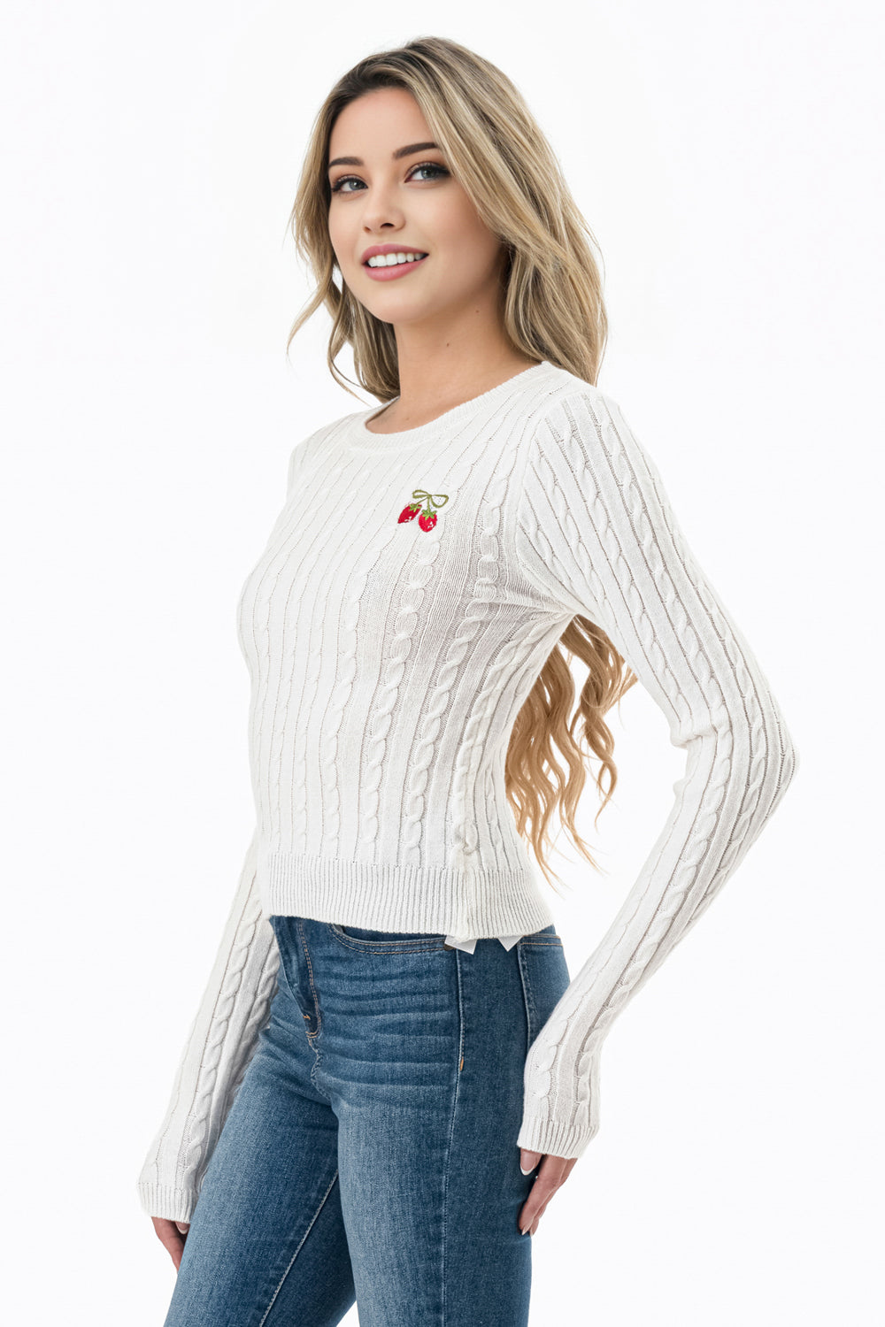 Cherry Embroidered Cable-Knit Sweater