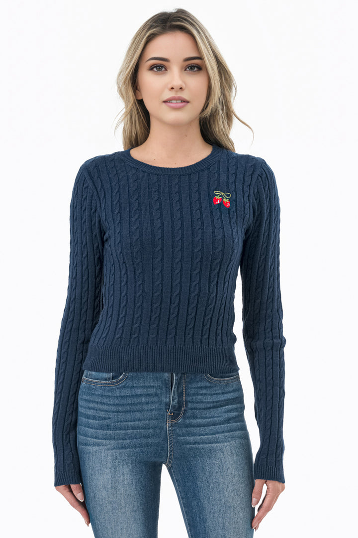 Cherry Embroidered Cable-Knit Sweater