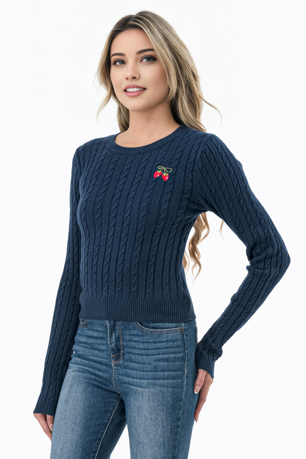 Cherry Embroidered Cable-Knit Sweater