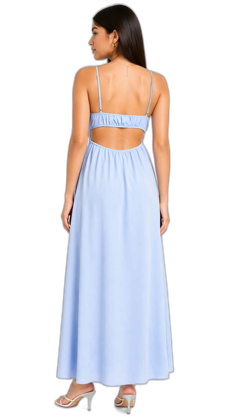 A woman modeling a light blue maxi dress from the back, featuring thin spaghetti straps, a sweetheart-style cutout across the upper back, and a flowing skirt, shown against a plain white background.